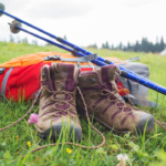 Backpack, boots and trekking poles