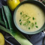 vegan potato and leak soup in a green bowl