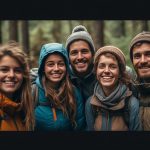Hiking group smiling together on a forest path