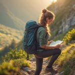 Solo female hiker checking her map on a mountain trail